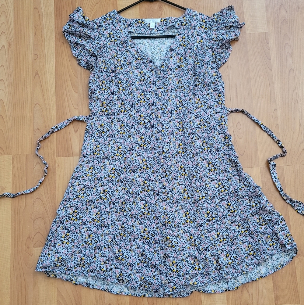 ABOUND Nordstrom Pink White Grey Floral Short Sleeve Button Up Mini Dress size S